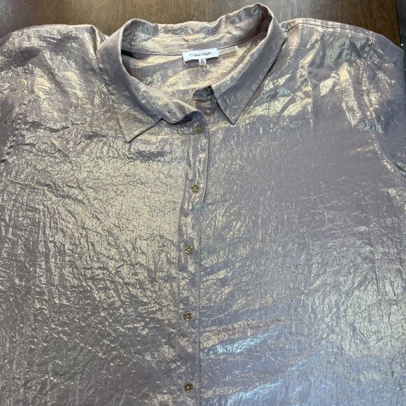 Calvin Klein Metallic Blouse Women's Plus Size 3X Roll Tab Sleeves Button Front - Picture 11 of 11
